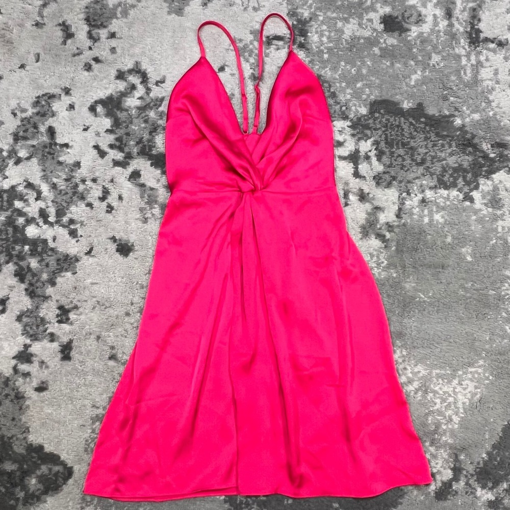 Express Hot Pink Satin Twist Front Mini Dress Open Back Spaghetti Strap Size 2